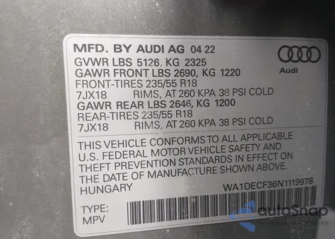 2022 Audi Q3 Premium 45 Tfsi S Line Quattro Tiptronic z USA, uszkodzony, nr VIN WA1DECF36N1119978